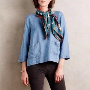 Anthropologie HD in Paris Chambray Swing Top Tencel Size 10 Pockets Blue